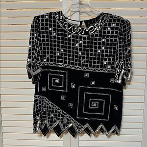 Vintage Argenti Notti 100% Silk Embellished Bejeweled Sequin Black Silver Top